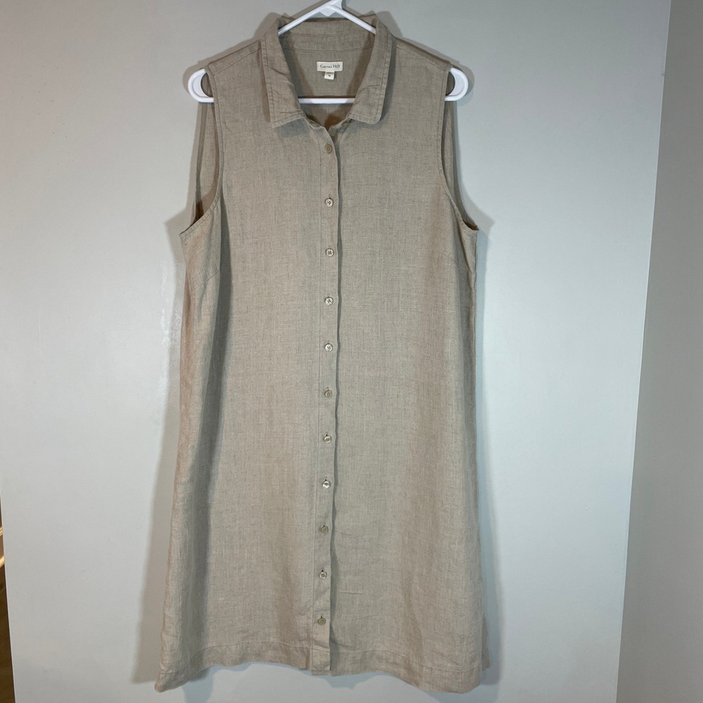 Garnet Hill Women Beige Linen Sleeveless Button Front Shirt Dress 16 Lagenlook